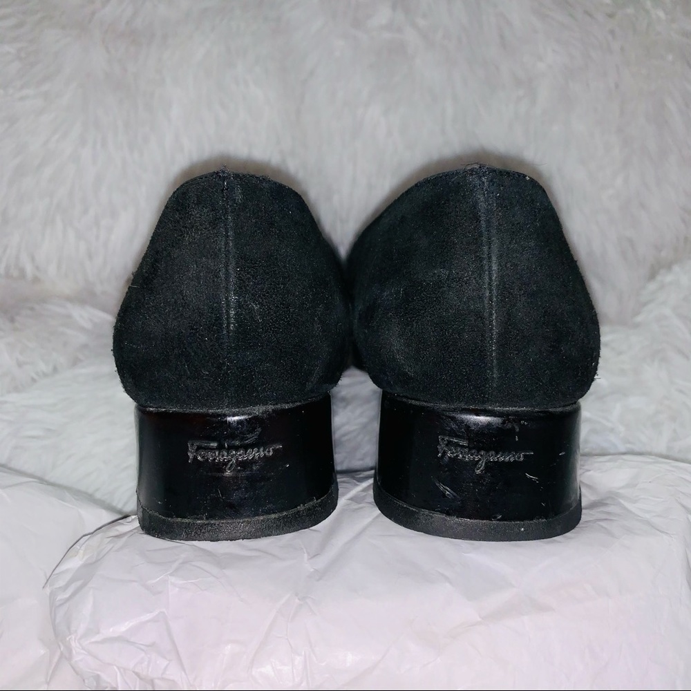Ferragamo 8.5 AA Narrow Black Suede Low Block Heels Mary Jane Pumps - Picture 2 of 9